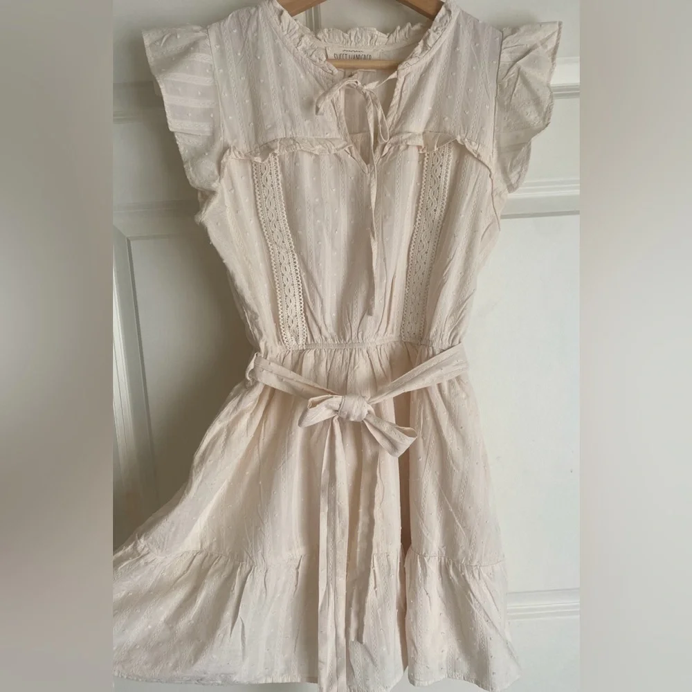 Sweet Wanderer Cream Mini Dress with Tie Waist